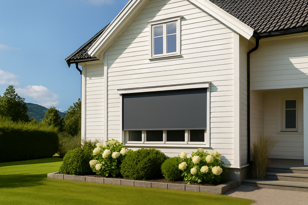 Hus med moderne solskjermingsløsning, omgitt av grønn hage og trær
