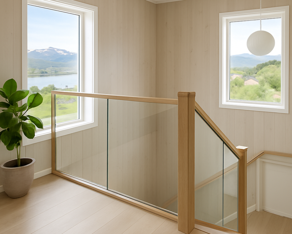 moderne glassrekkverk som går ned i første etasje