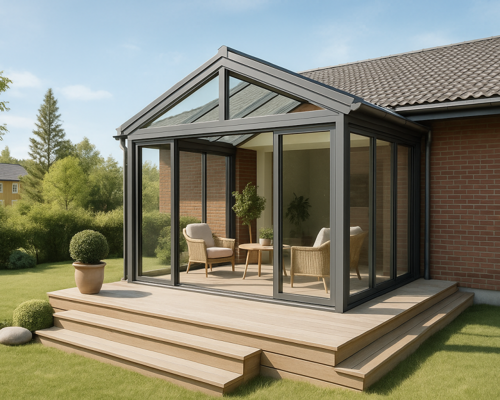 Vinterhage i glass som tilbygg til murhus med utemøbler og grønne omgivelser